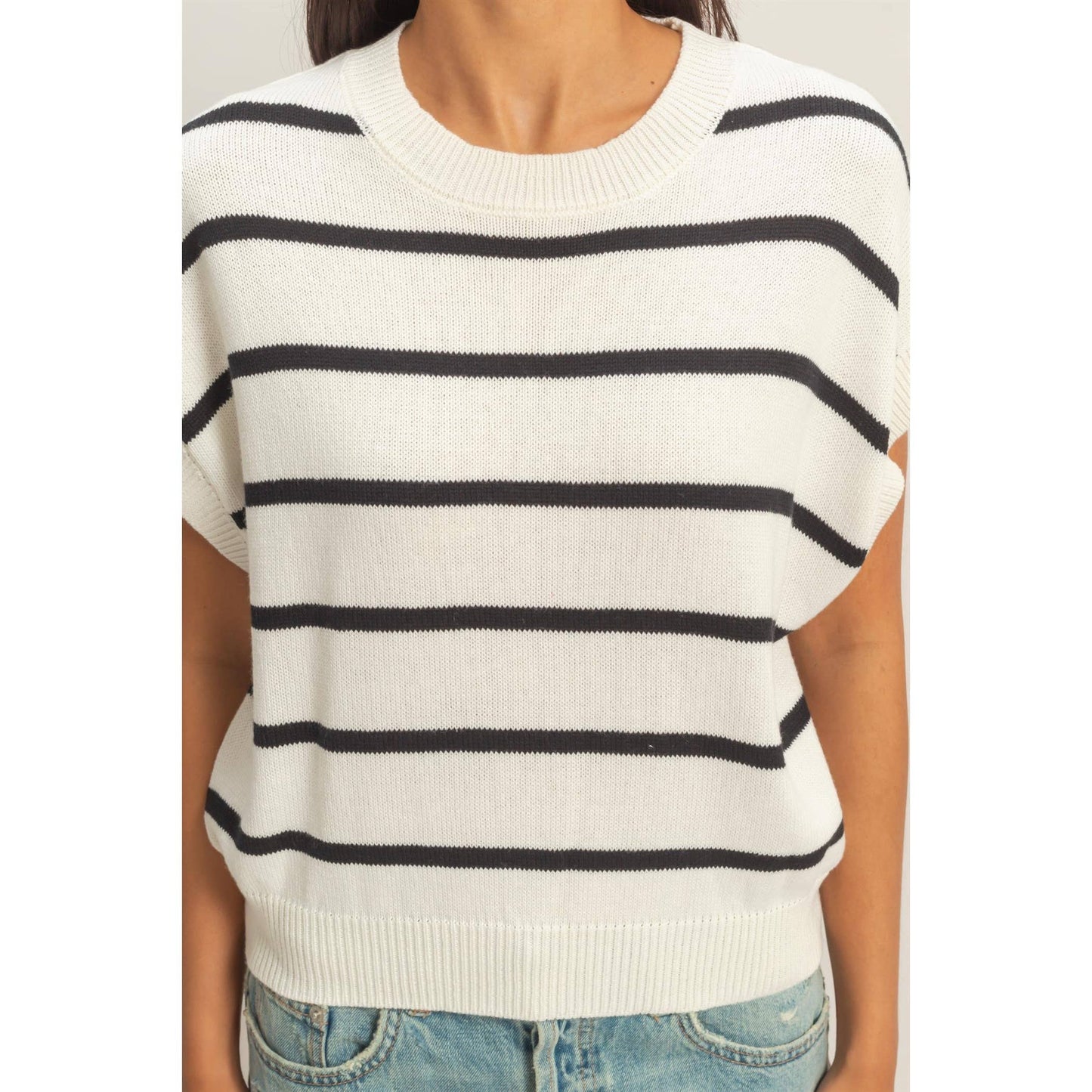 Striped Crew Neck Knit Top: BLUE / S-M-L(2-2-2)