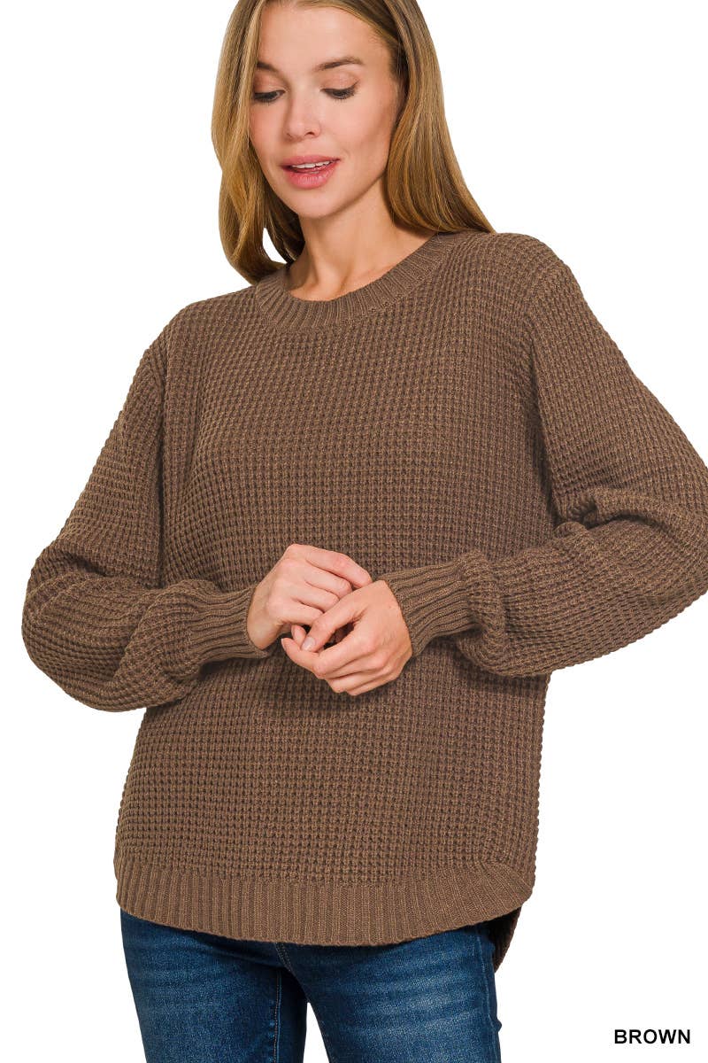 Hi-low Long Sleeve Round Neck Waffle Sweater: BRIGHT MAUVE / 1-1-1-1 (S-M-L-XL)