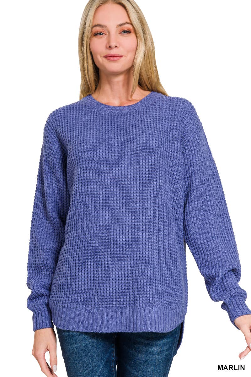 Hi-low Long Sleeve Round Neck Waffle Sweater: BRIGHT MAUVE / 1-1-1-1 (S-M-L-XL)