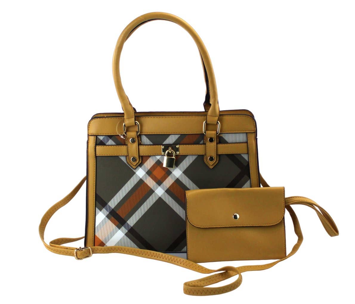 7867A - 2 in 1 PU Plaid Satchel with Wristlet: Black