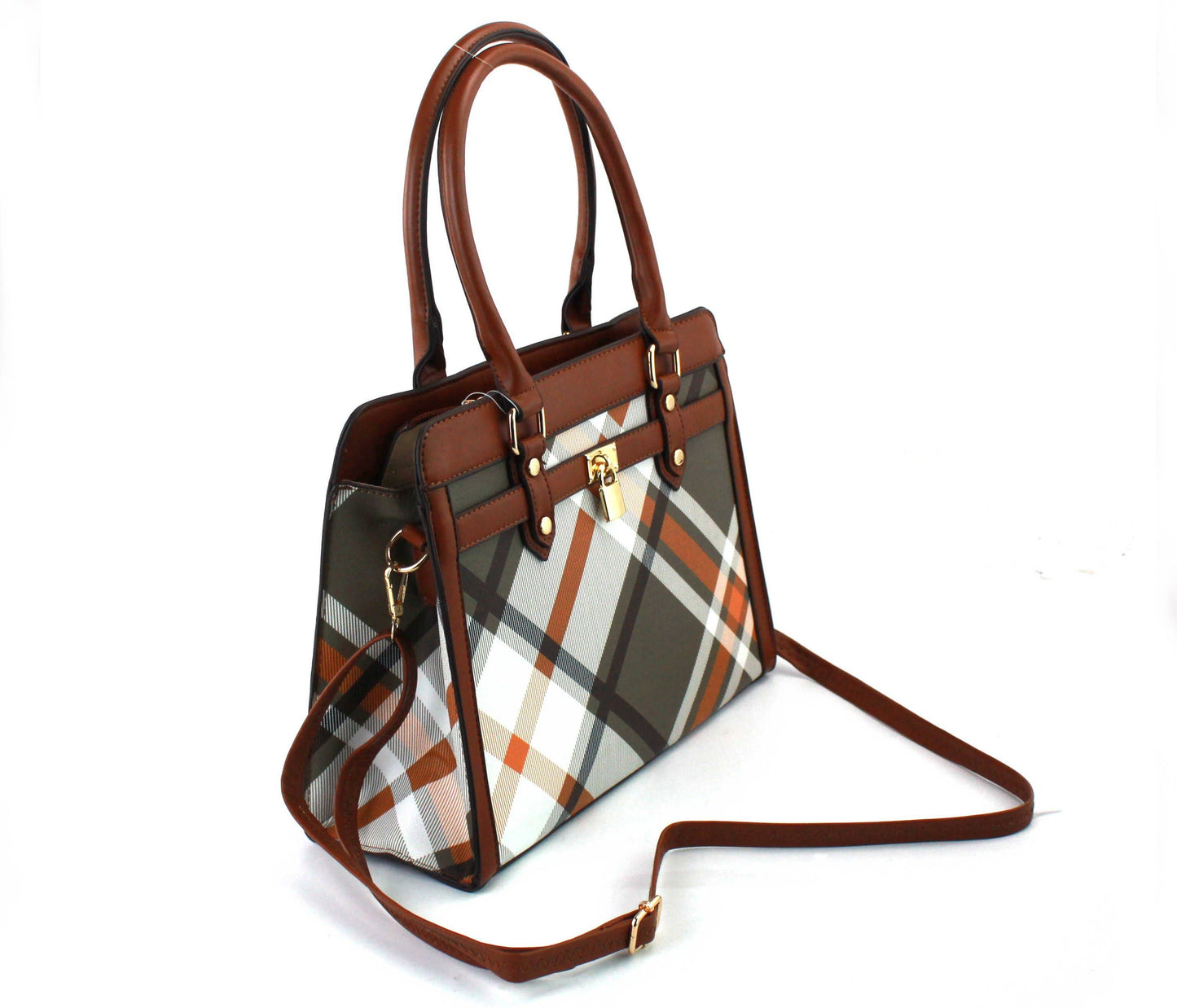 7867A - 2 in 1 PU Plaid Satchel with Wristlet: Black