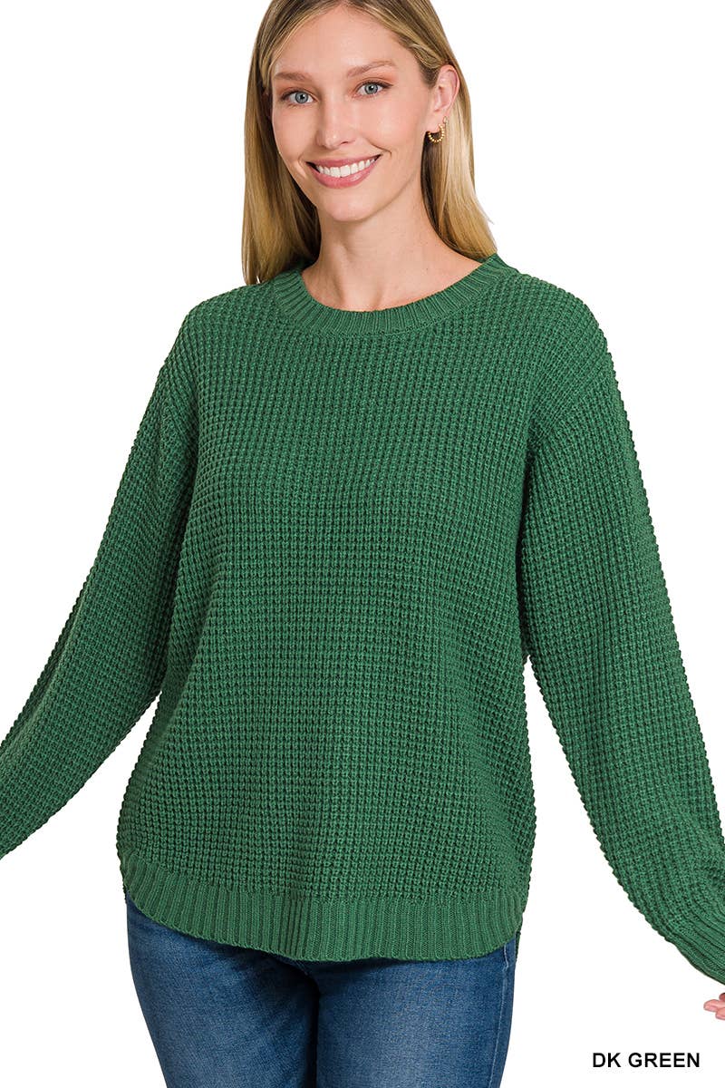 Hi-low Long Sleeve Round Neck Waffle Sweater: BRIGHT MAUVE / 1-1-1-1 (S-M-L-XL)