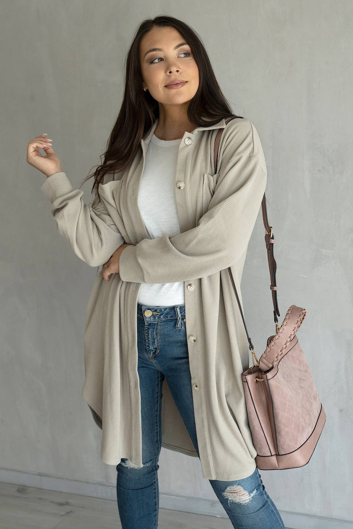 SKT2205 Edith Long Shacket with Pockets: Lt. Grey / S/M