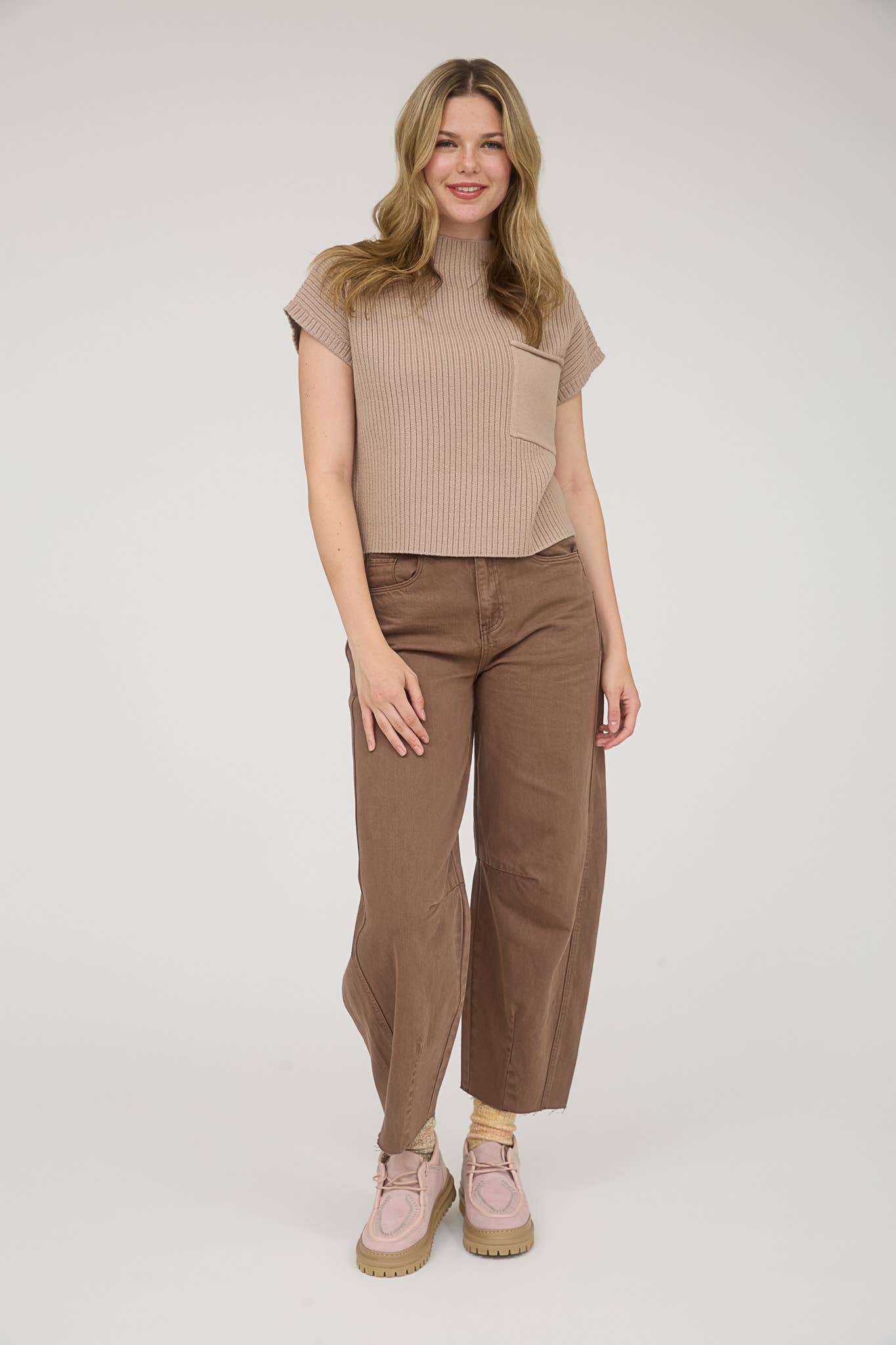 MOCK NECK POCKET DETAIL SHORT SLEEVE KNIT SWEATER: CREAM