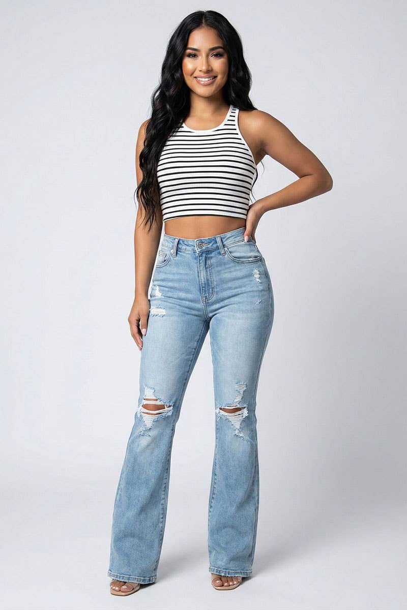 Ribbed Striped Racerback Crop Tank Top: White/Black