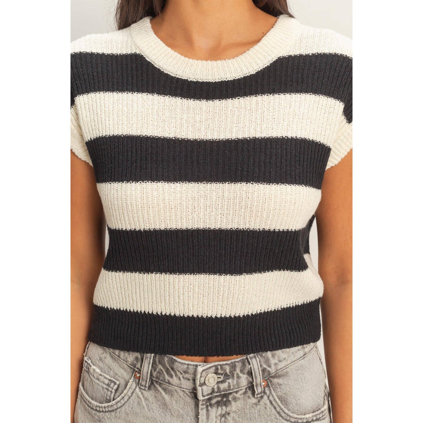 Striped Ribbed Knit Top: TAUPE / S-M-L(2-2-2)