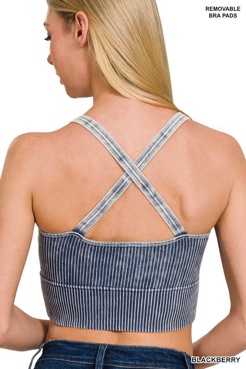 V Neck Washed Rib Crop Bra Padded Tank Top: BLACK / 3-3 (S/M-L/XL)