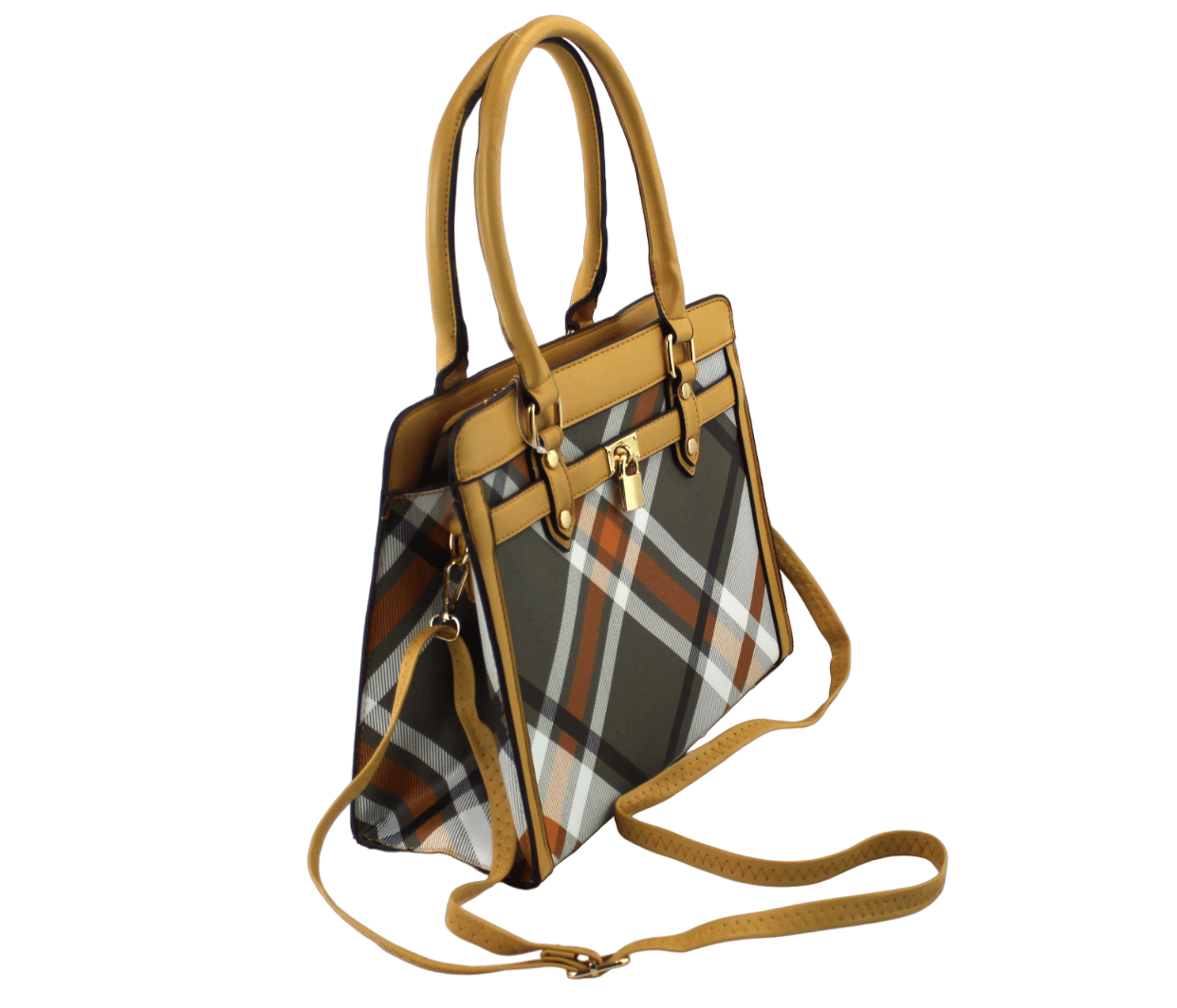 7867A - 2 in 1 PU Plaid Satchel with Wristlet: Black