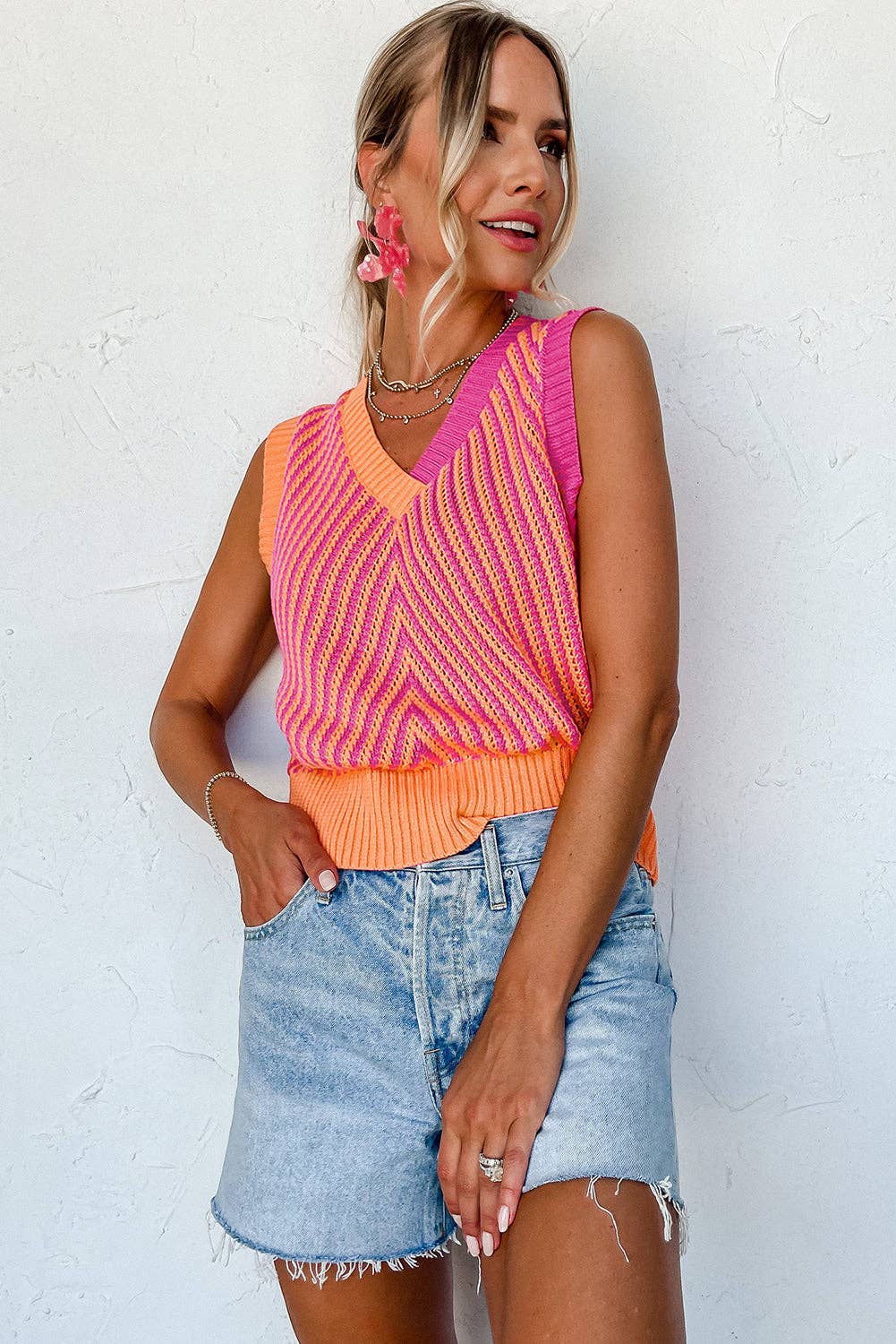Strawberry Pink Contrast Chevron Knit V Neck Sweater Vest: Strawberry Pink / 100%Viscose / S