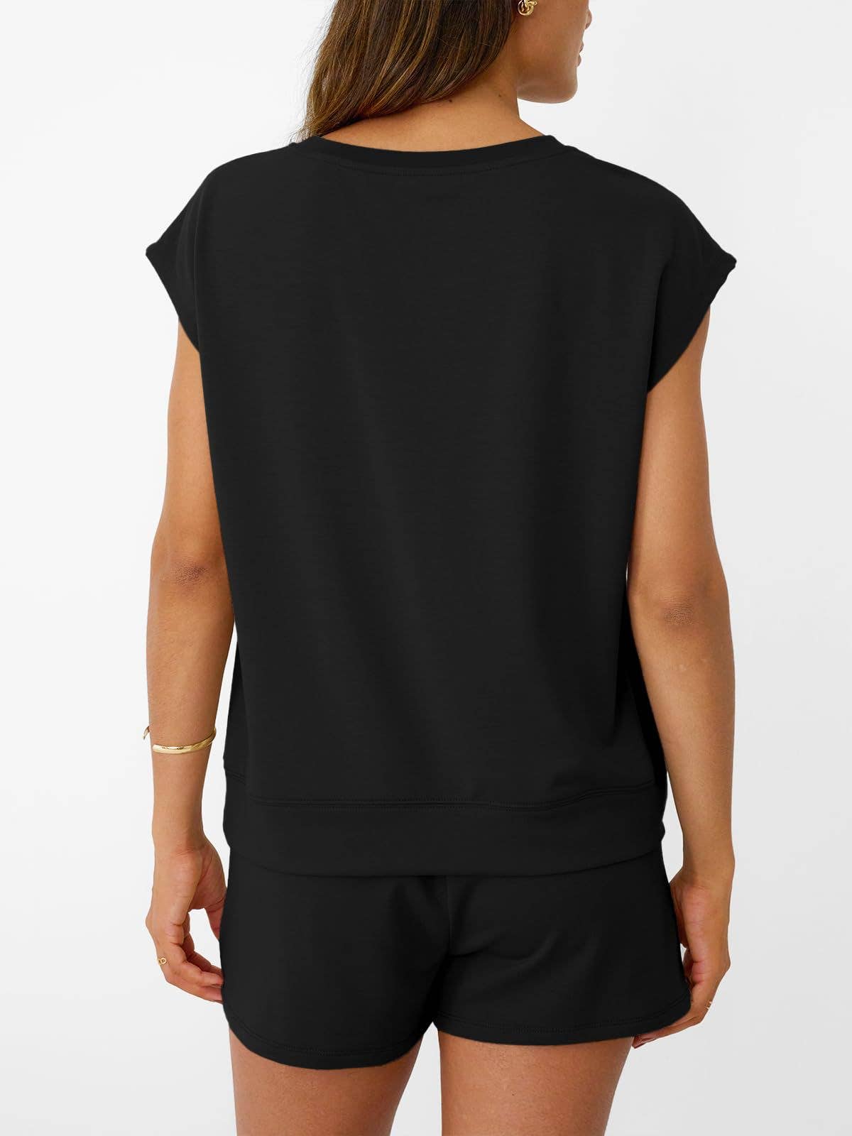 Casual Lounge Set Cap Sleeve Top Drawstring Shorts: Black / 65%Polyester+30%Viscose+5%Elastane / M