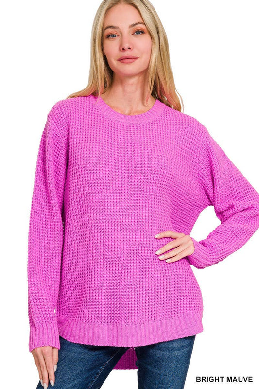 Hi-low Long Sleeve Round Neck Waffle Sweater: BRIGHT MAUVE / 1-1-1-1 (S-M-L-XL)