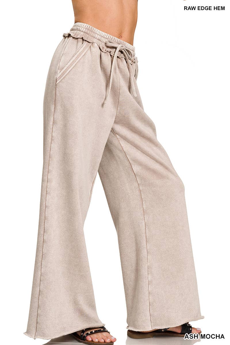 Acid Wash Fleece Palazzo Sweatpants With Pockets: BLACK / 2-2-2 (S-M-L)