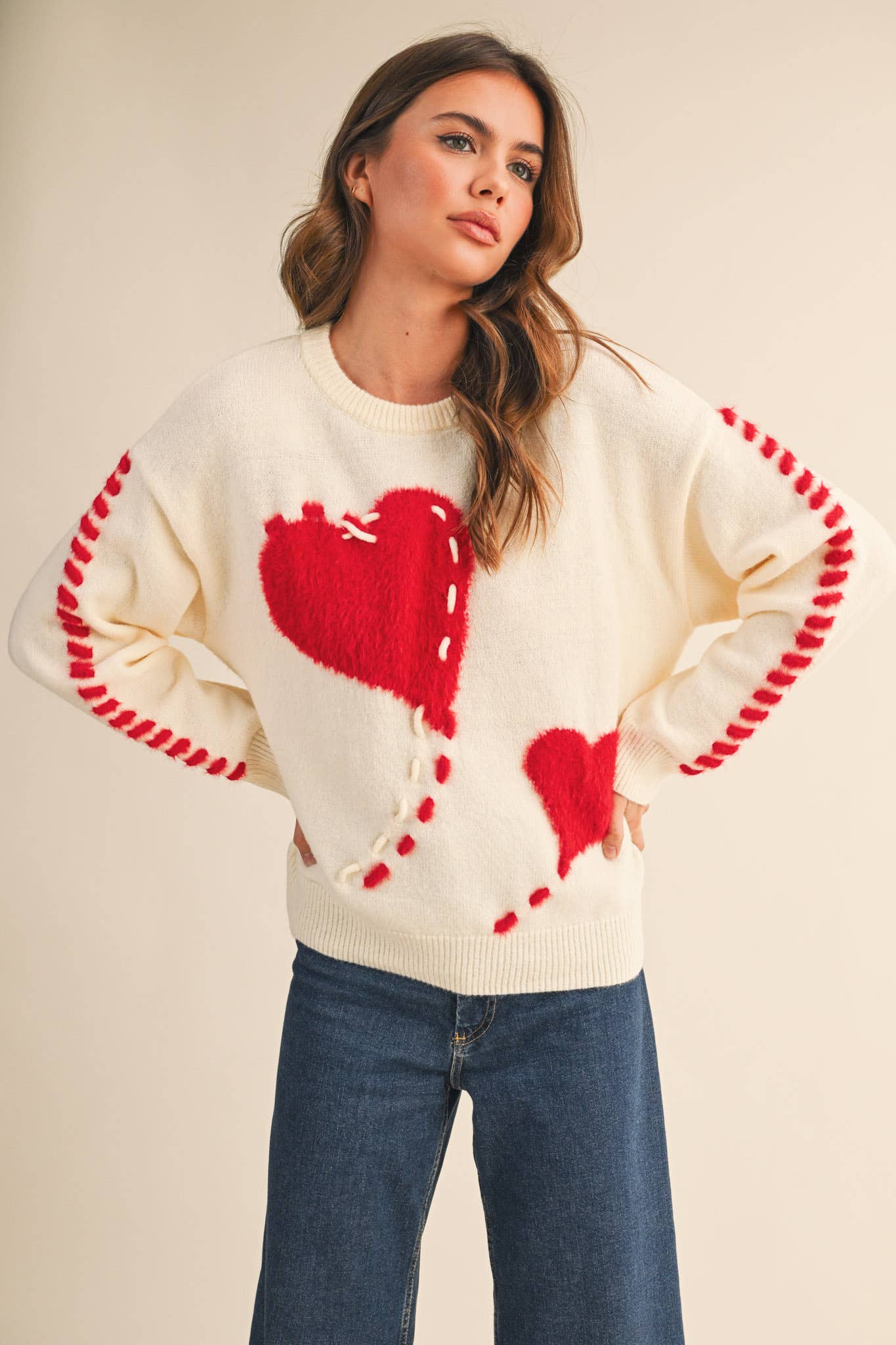 FUZZY HEART KNIT SWEATER WITH WHIP STITCH MSW10990: Red / L