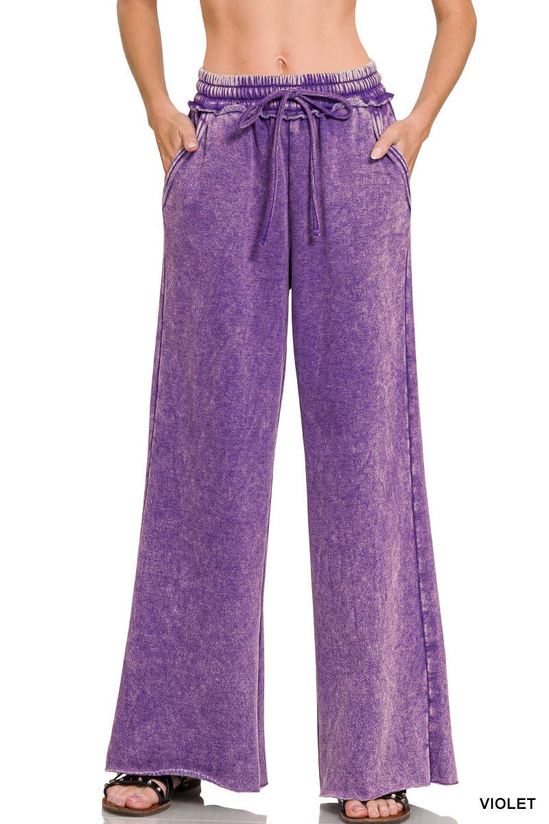 Acid Wash Fleece Palazzo Sweatpants With Pockets: BLACK / 2-2-2 (S-M-L)