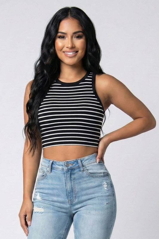 Ribbed Striped Racerback Crop Tank Top: Black/White / S
