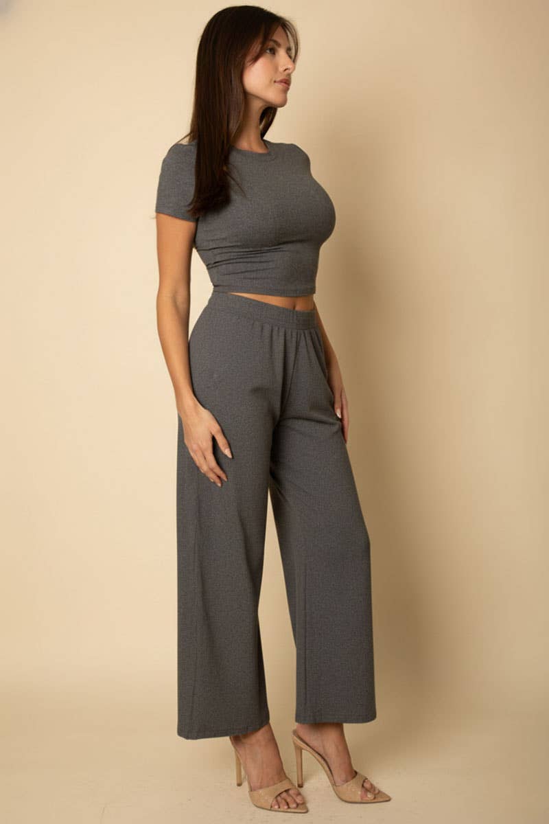 Relaxed Fit Top and Wide-Leg Pants Set: Heather Grey / M
