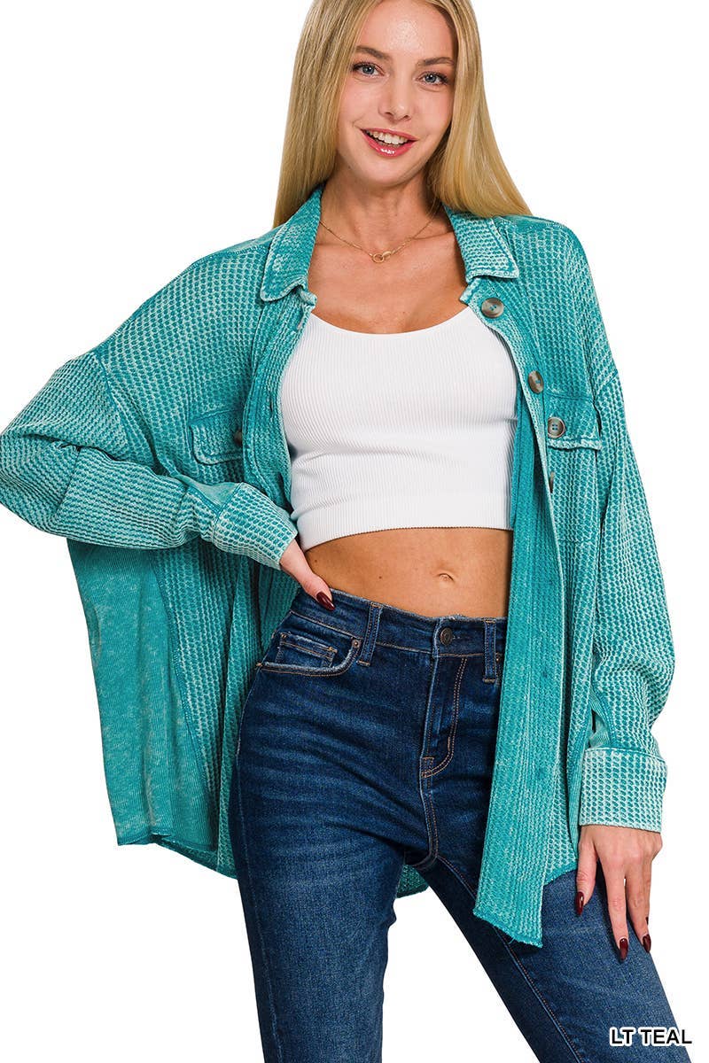 Acid Wash Oversized Cotton Waffle Shacket: DEEP SKY / 3-3 (S/M-L/XL)