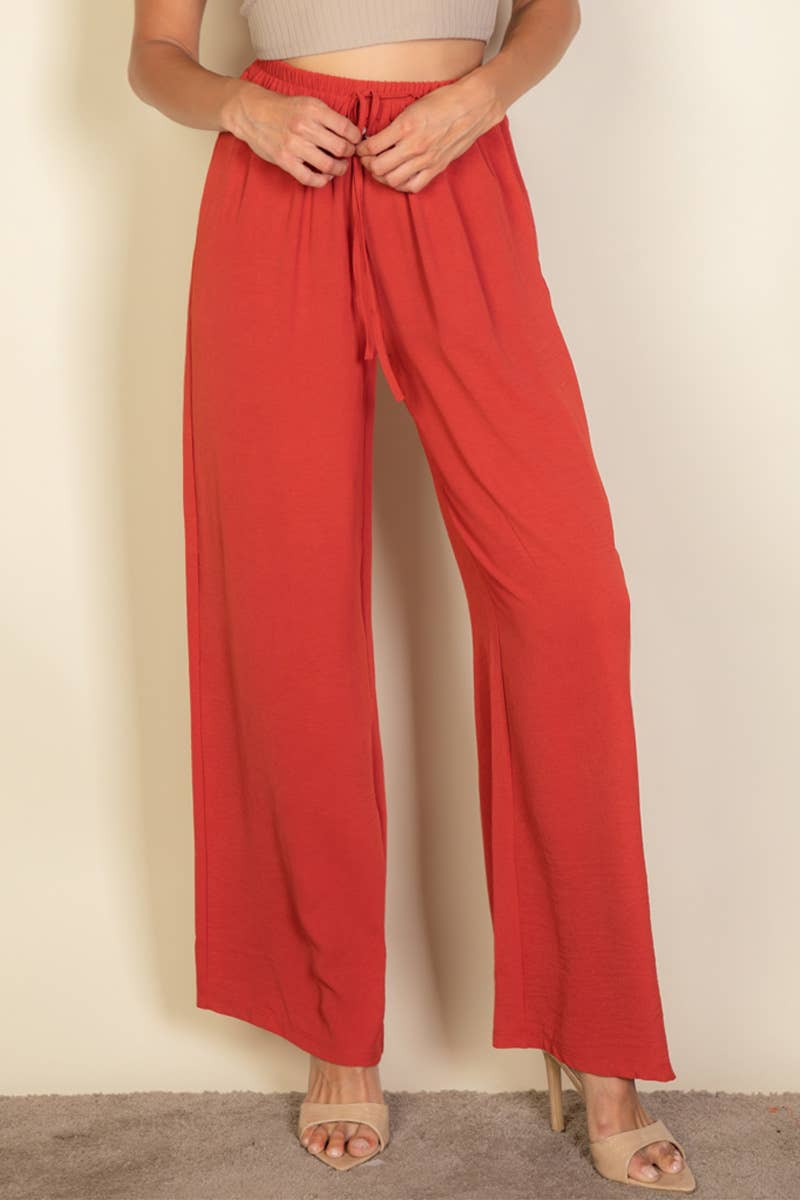 Drawstring waist wide leg minimalist pants: Black / L