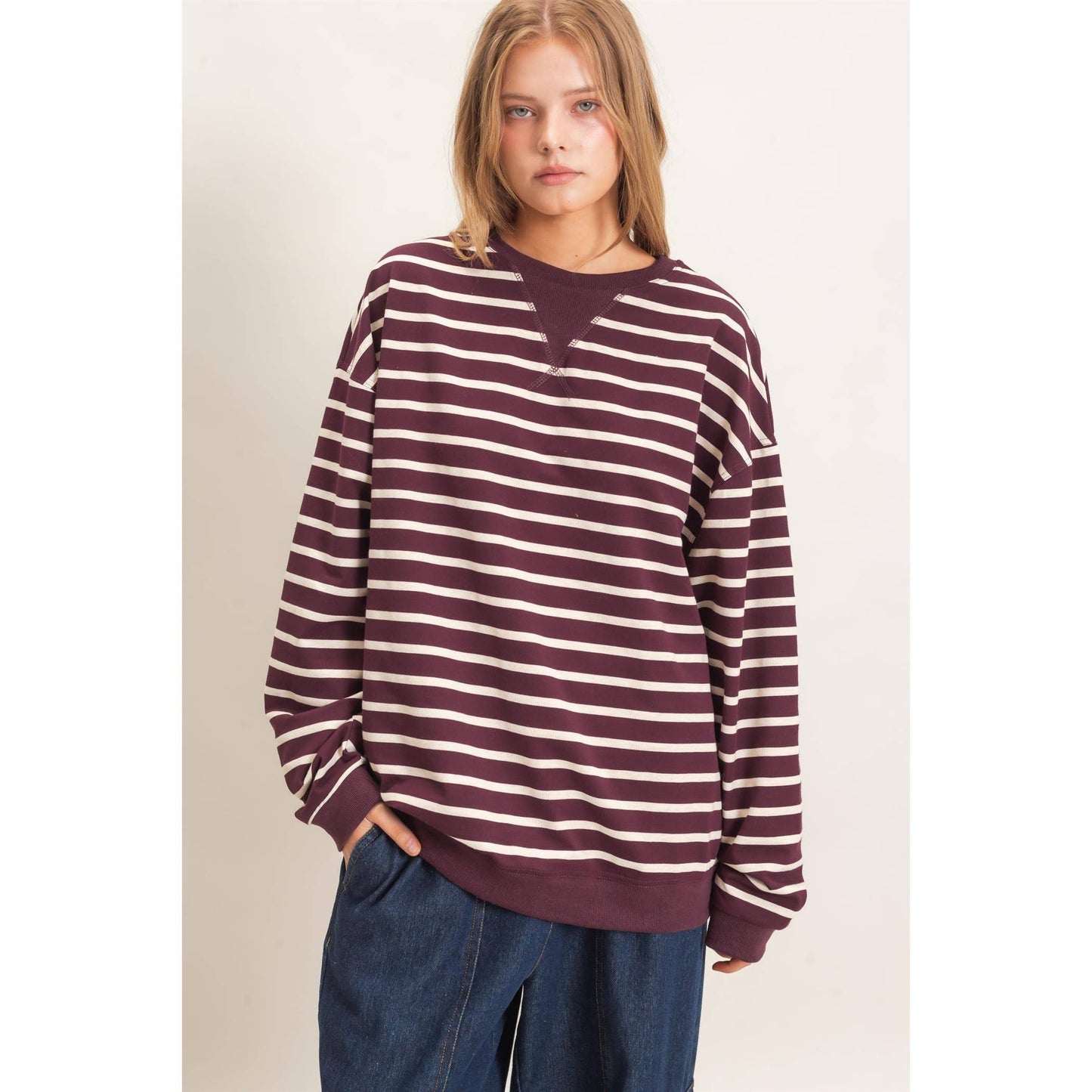 Striped Long Sleeve Pullover: BLACK/CREAM / S-M-L(2-2-2)