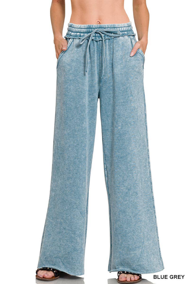 Acid Wash Fleece Palazzo Sweatpants With Pockets: BLACK / 2-2-2 (S-M-L)