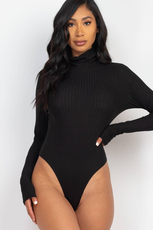 Turtle Neck Long Sleeve Bodysuit: Black / S