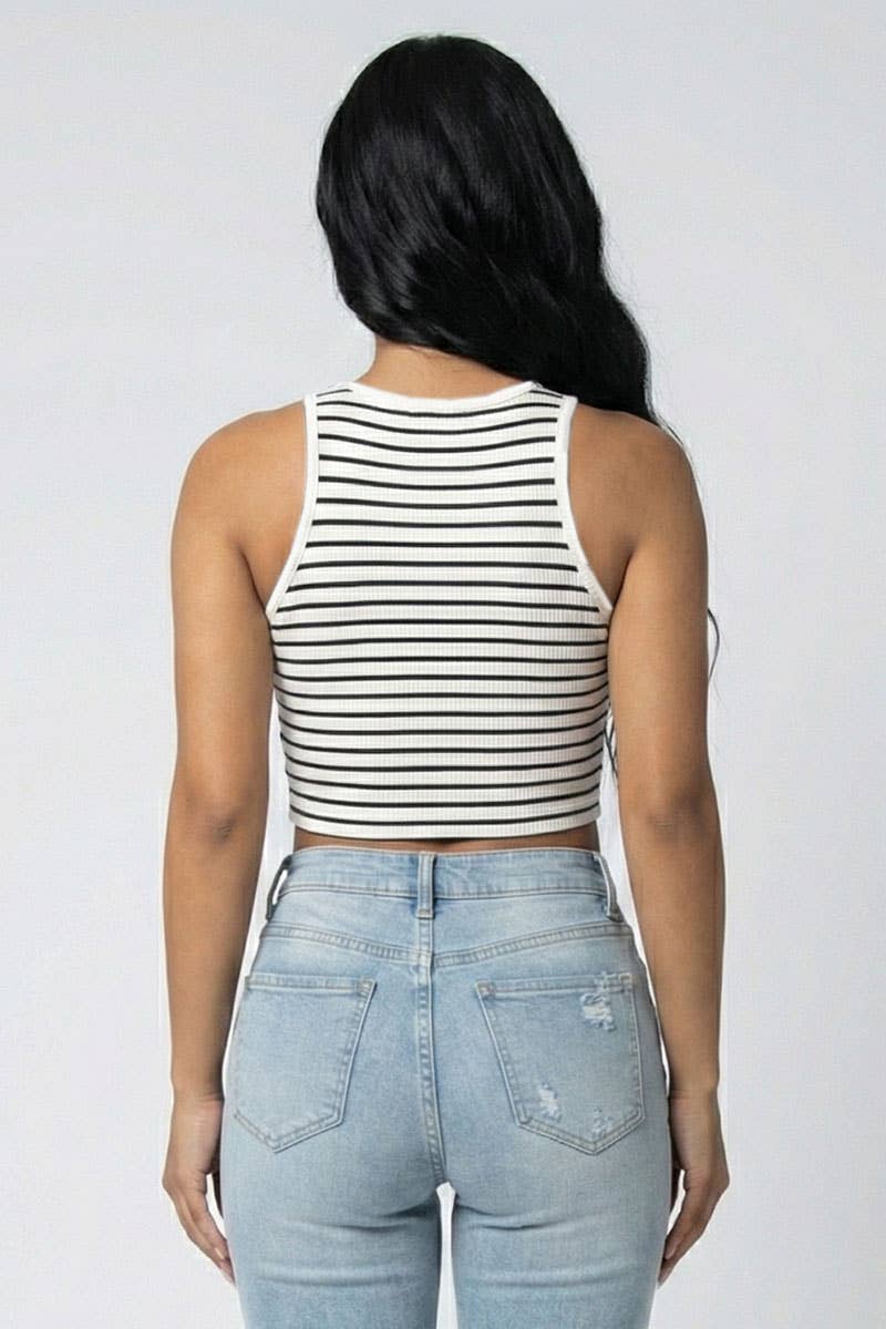 Ribbed Striped Racerback Crop Tank Top: White/Black / M
