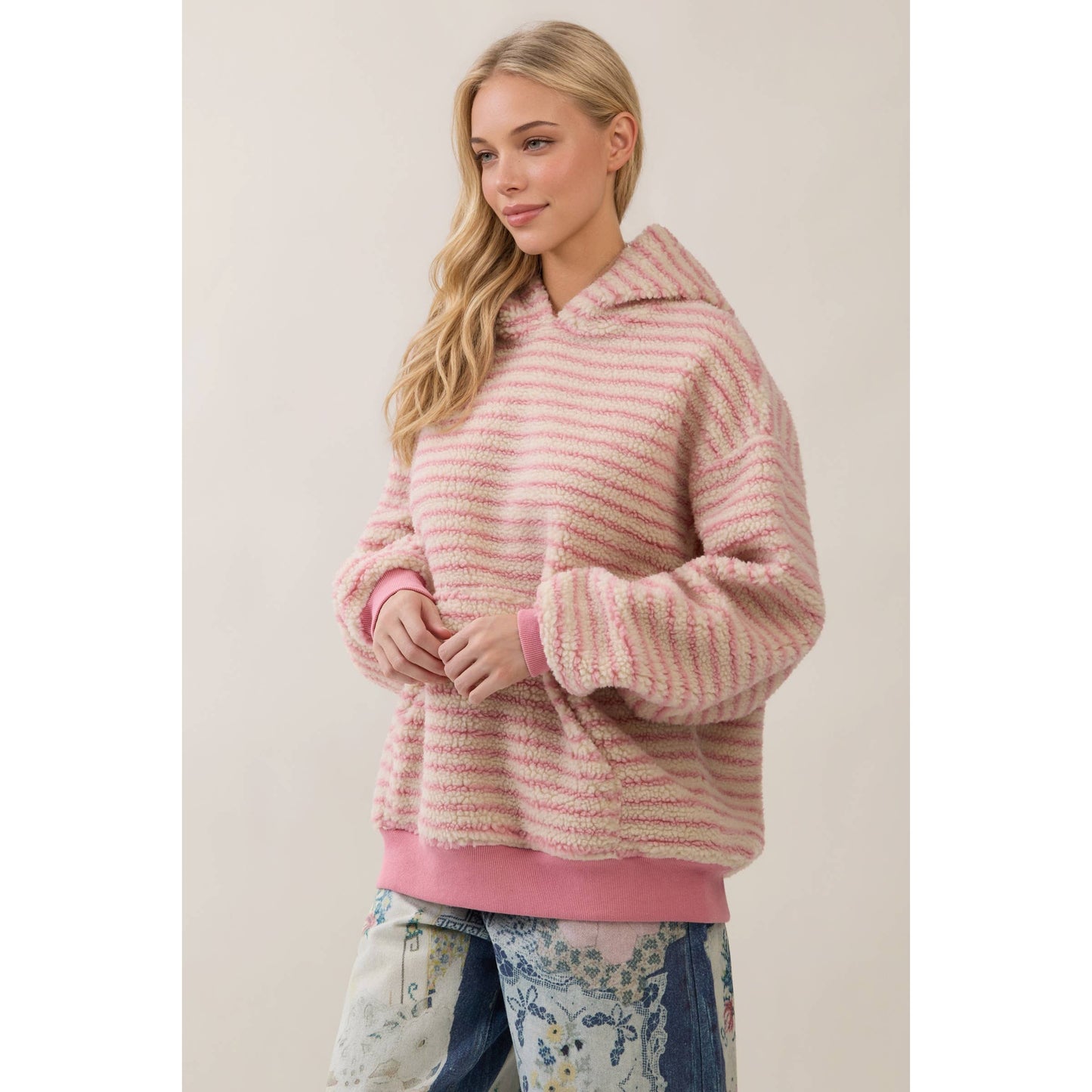 Teddy Striped Contrast Cozy Hoodie: Brown / S