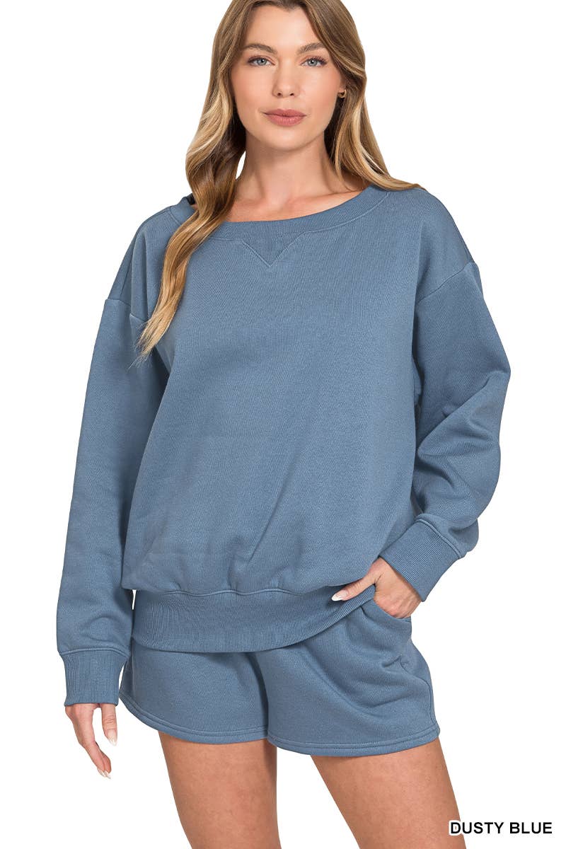 Fleece Sweatshirts & Drawstring Shorts 2pc Set Zenana: ASH MOCHA-186261 / L