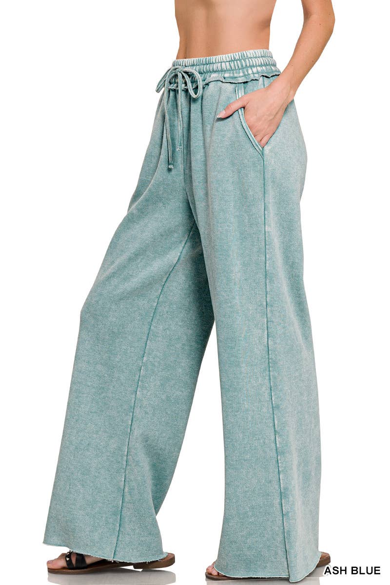 Acid Wash Fleece Palazzo Sweatpants With Pockets: BLACK / 2-2-2 (S-M-L)