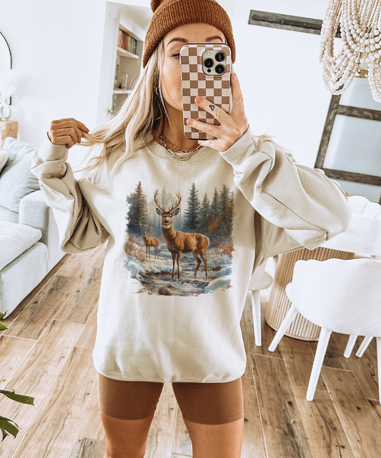 Retro Deer Scene - Cream - Sweatshirts & T-Shirts: Adult XLARGE / Cream Sweatshirt
