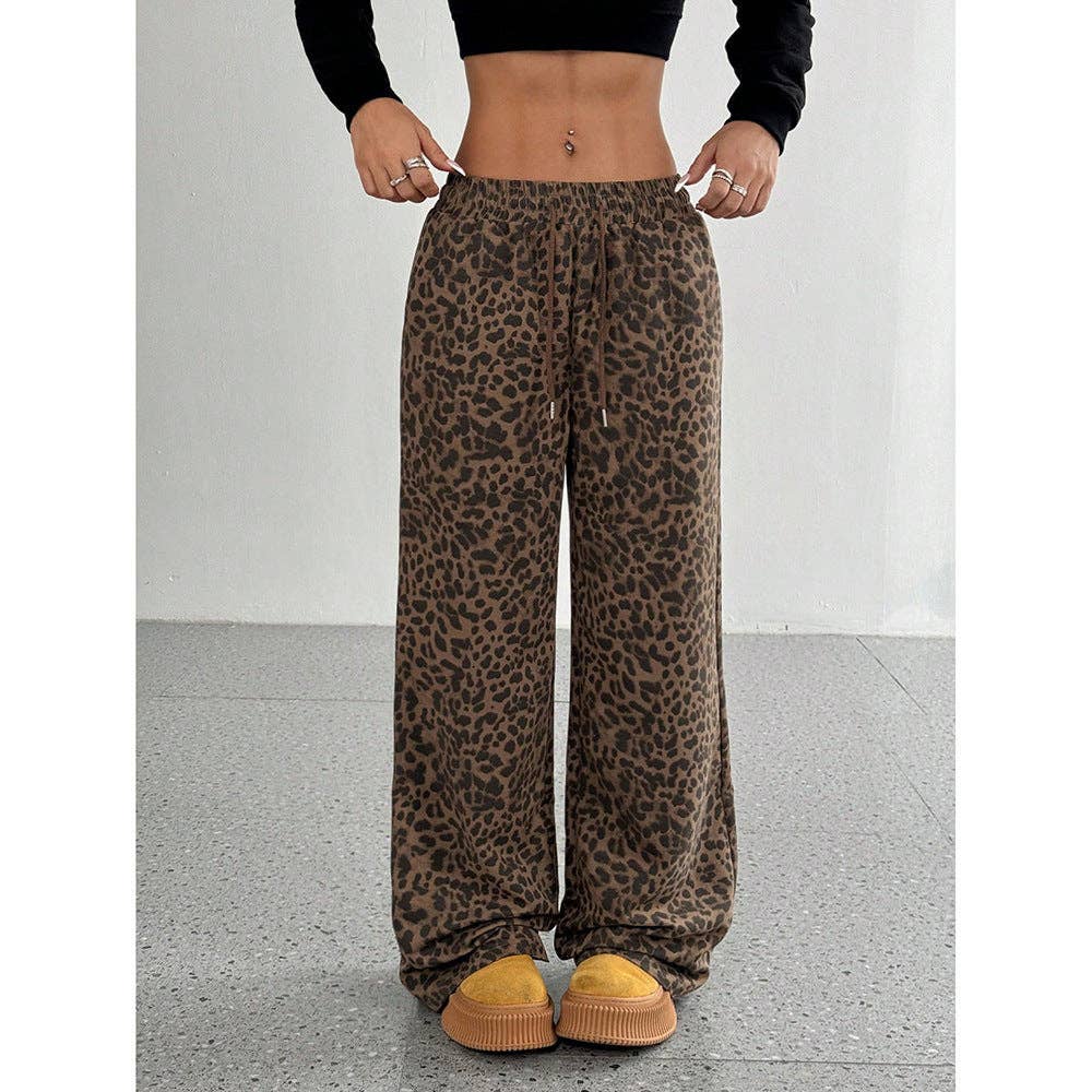 Leopard Print Wide Leg Pants High Waist Pocket Casual: Light Leopard / 100% polyester / S
