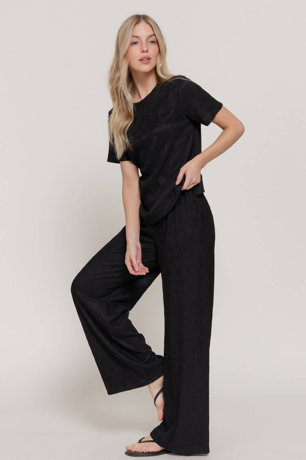 0504 Crinkle Knit Top & Pants 2pc Set SI-29441: Blk-Black-194657 / M