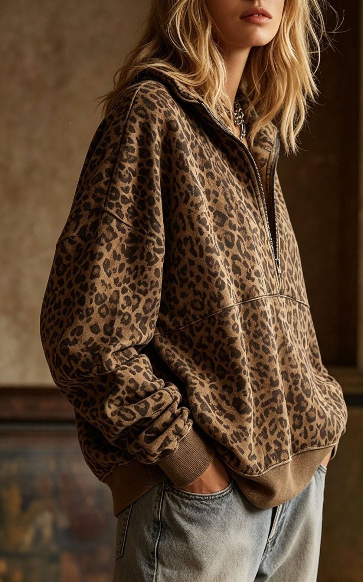 Leopard Print Half Zip Oversized Pullover Sweatshirt: Coffee / 95%Polyester+5%Elastane / L
