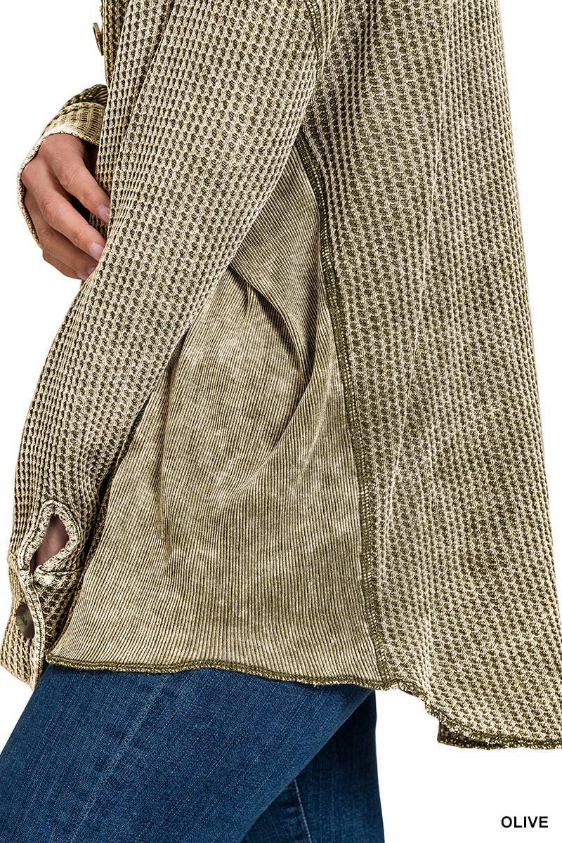 Acid Wash Oversized Cotton Waffle Shacket: DEEP SKY / 3-3 (S/M-L/XL)