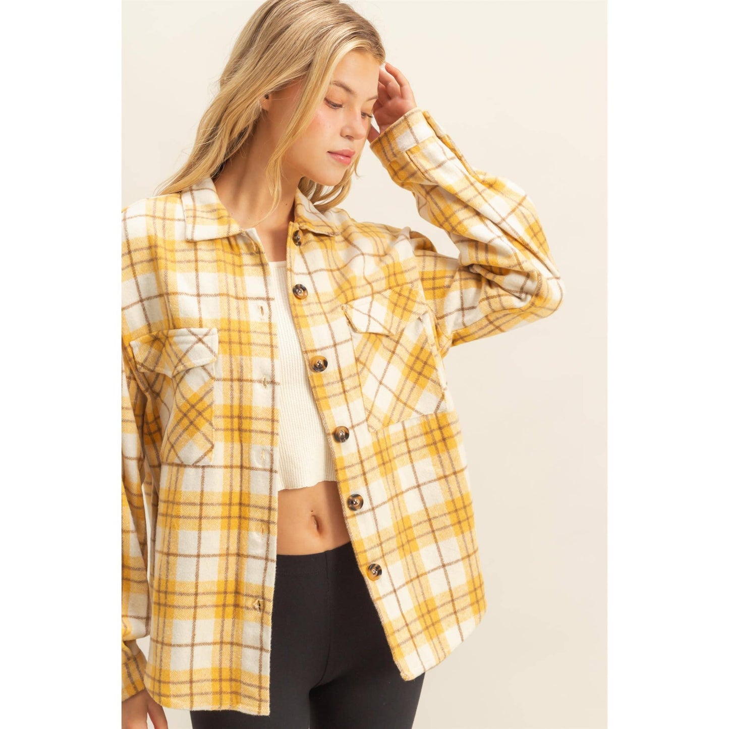 Collared Plaid Shacket: BLUE / S-M-L(2-2-2)
