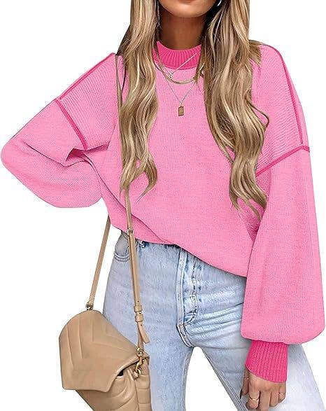Retro Cozy Multi Striped Lantern Sleeves Knit Sweater: Camel / XL