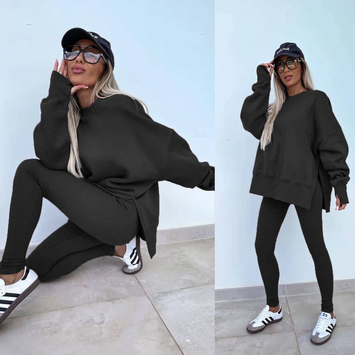 Oversized Sweatshirt and Leggings Two Piece Set: Blue / 100%Polyester / M