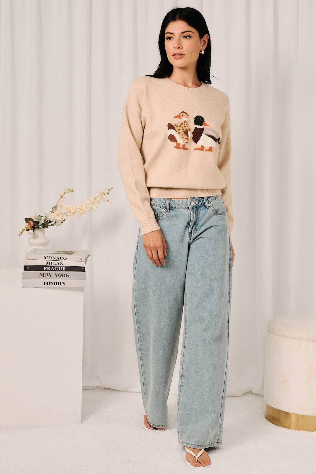 Round Neck Mallard Duck Graphic Long Sleeve Knit Sweater: LAVENDER / M