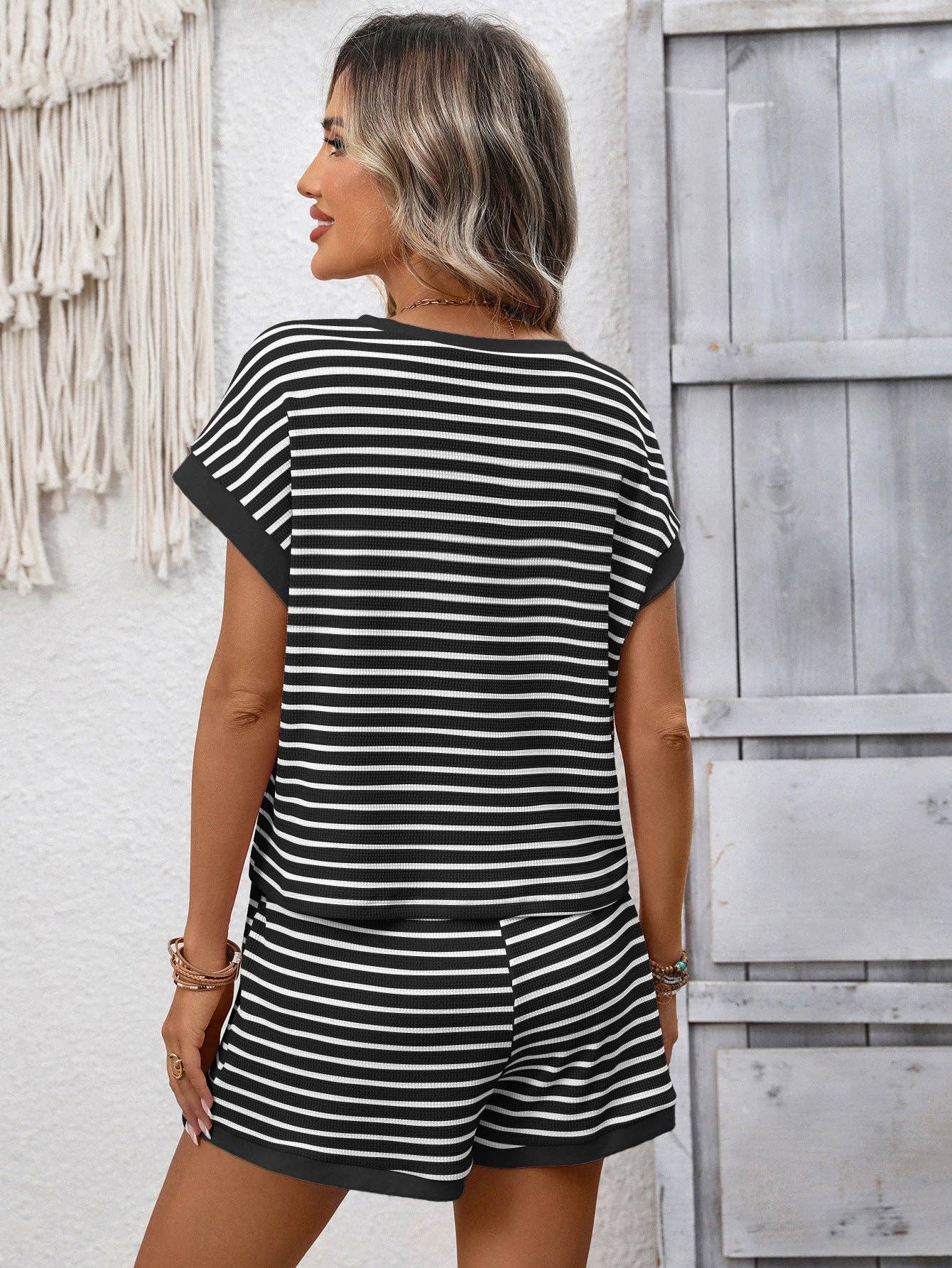 Striped Short Sleeve Top & Shorts Lounge Set: Dark Pink / 65%Viscose + 35%POLYESTER / XL