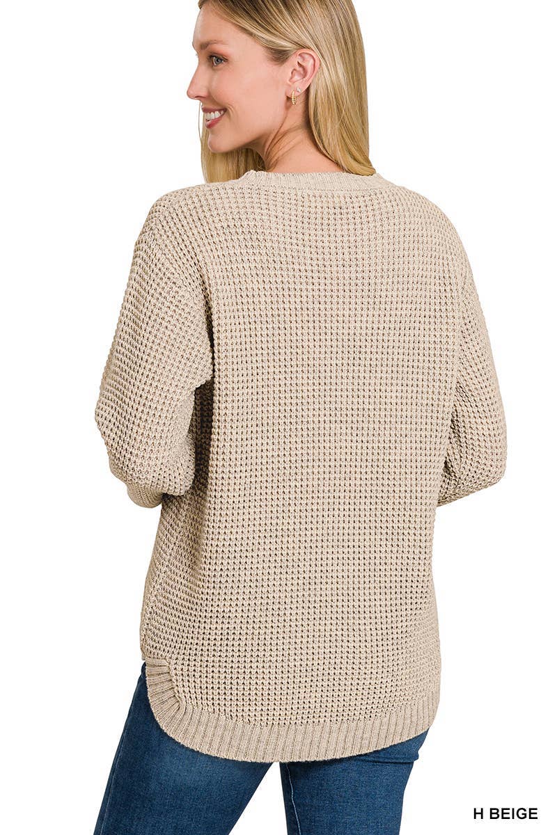 Hi-low Long Sleeve Round Neck Waffle Sweater: BRIGHT MAUVE / 1-1-1-1 (S-M-L-XL)