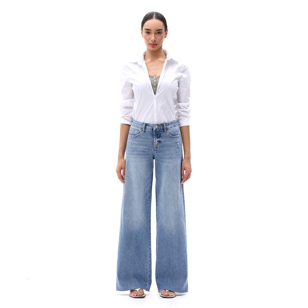 Mid Rise Wide Leg Jeans Raw Hem Vintage Distressed OSW8019: VINTAGE BLUE / 28
