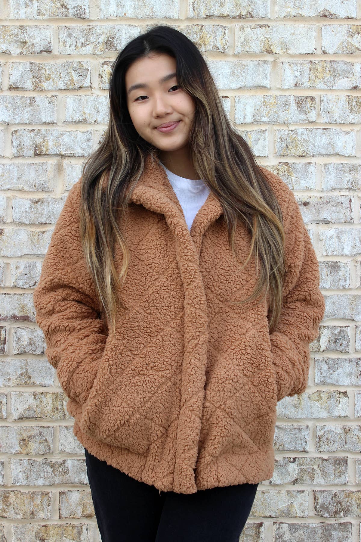 JKT2387 Candie Diamond Sherpa Jacket w/ Full Zip: Brown / S/M