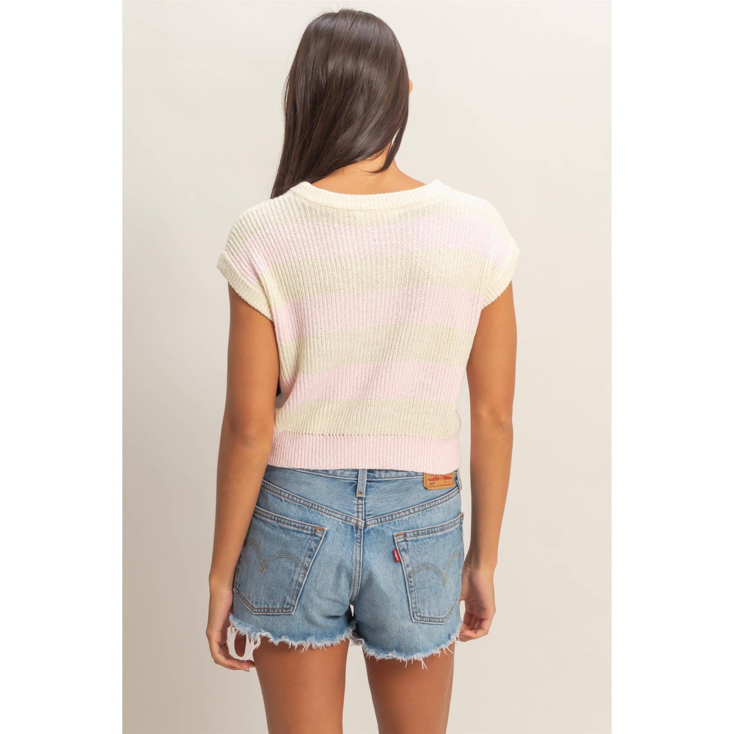 Striped Ribbed Knit Top: TAUPE / S-M-L(2-2-2)