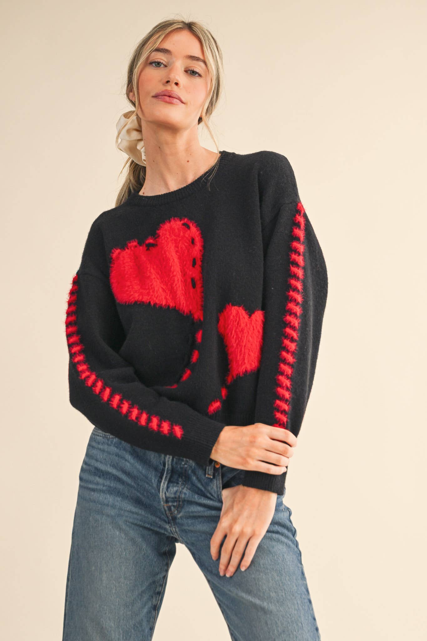 FUZZY HEART KNIT SWEATER WITH WHIP STITCH MSW10990: Red / L