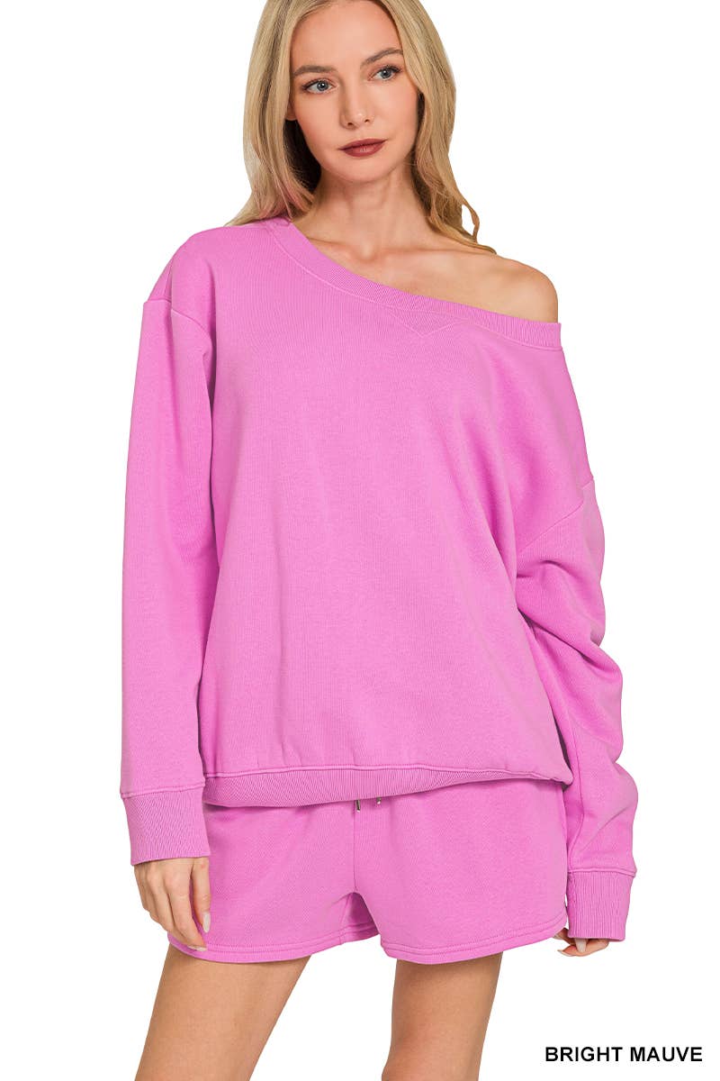 Fleece Sweatshirts & Drawstring Shorts 2pc Set Zenana: ASH MOCHA-186261 / L