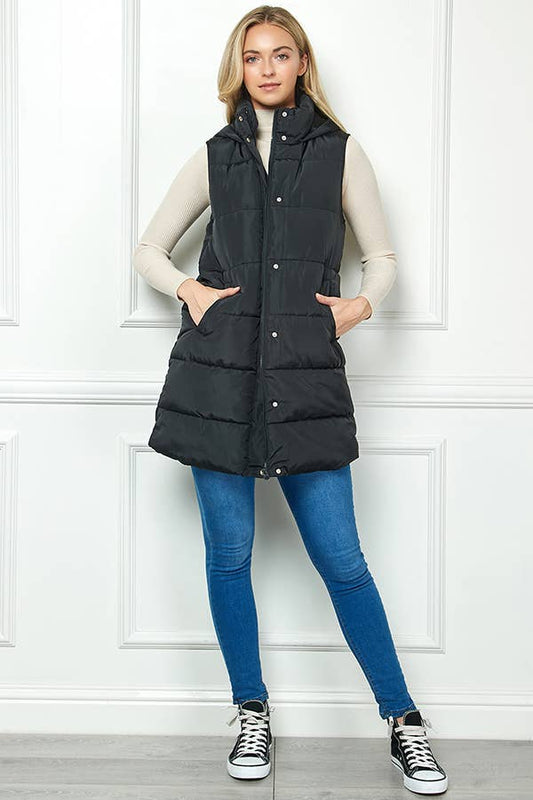 Longline Quilted Puffer Vest with Attached Hood: Black