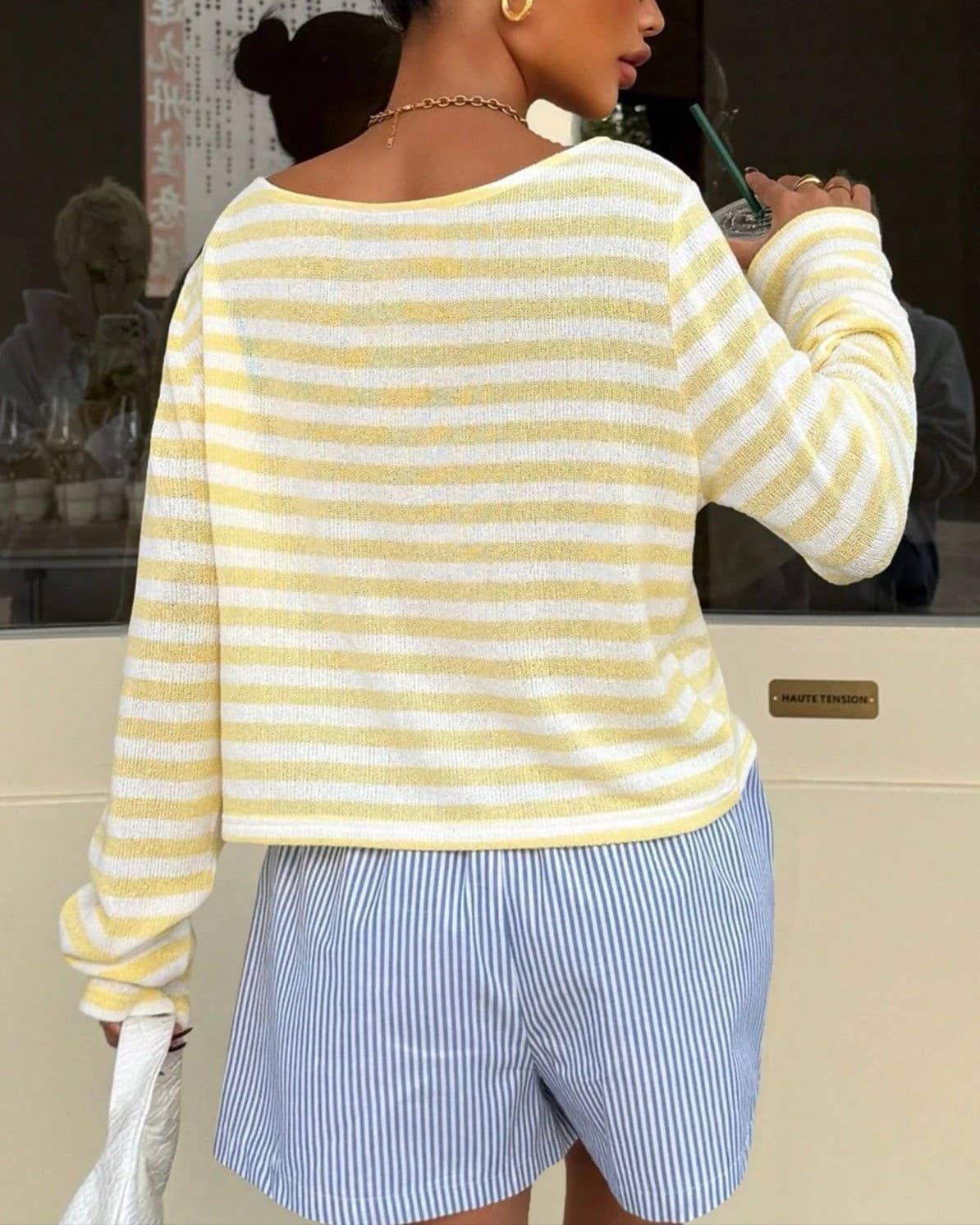 Colorblock Striped Knit Off The Shoulder Sweater Top: Black / XL