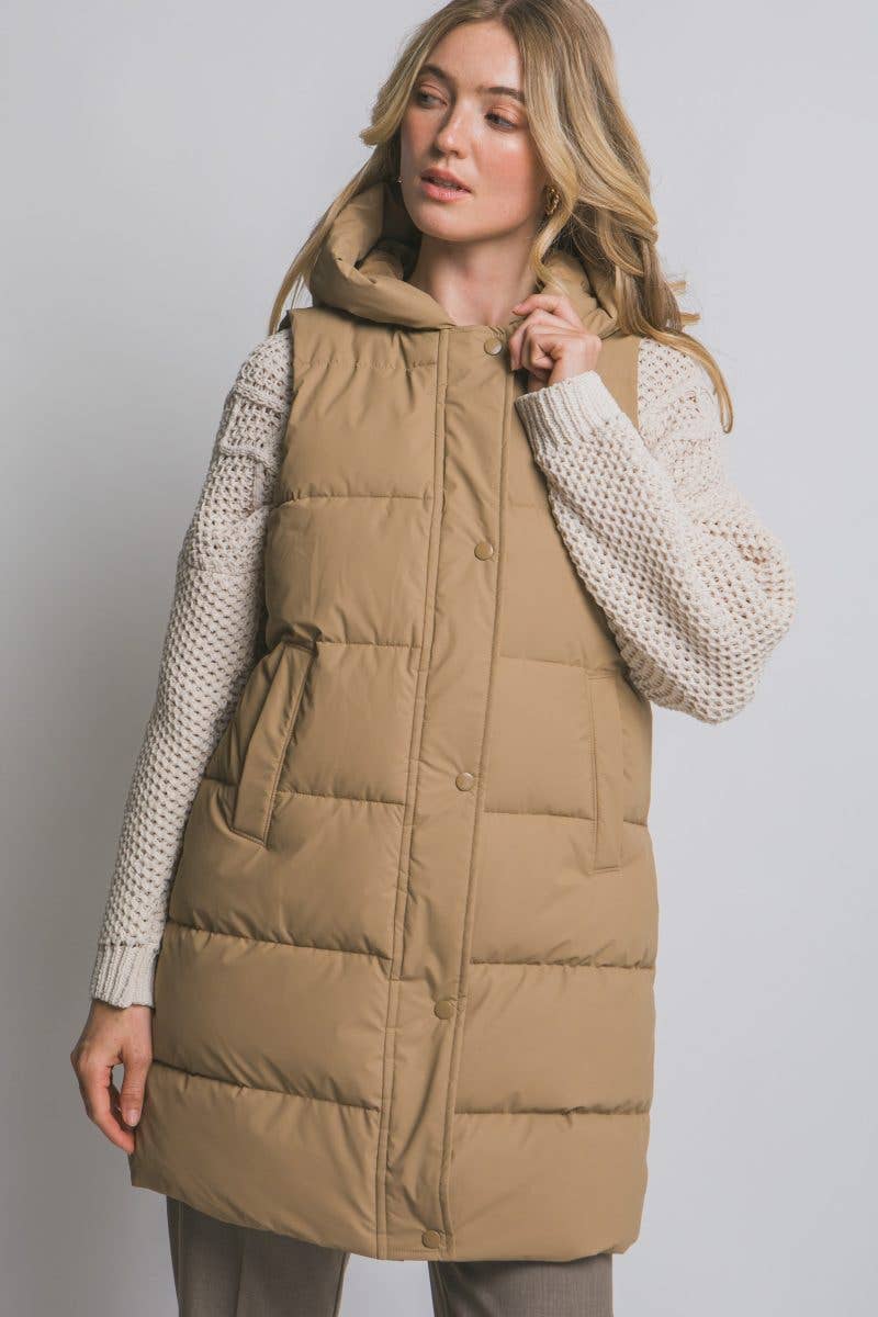 Hooded Long Quilted Puffer Vest: CAMEL / 2-2-2(S-M-L)