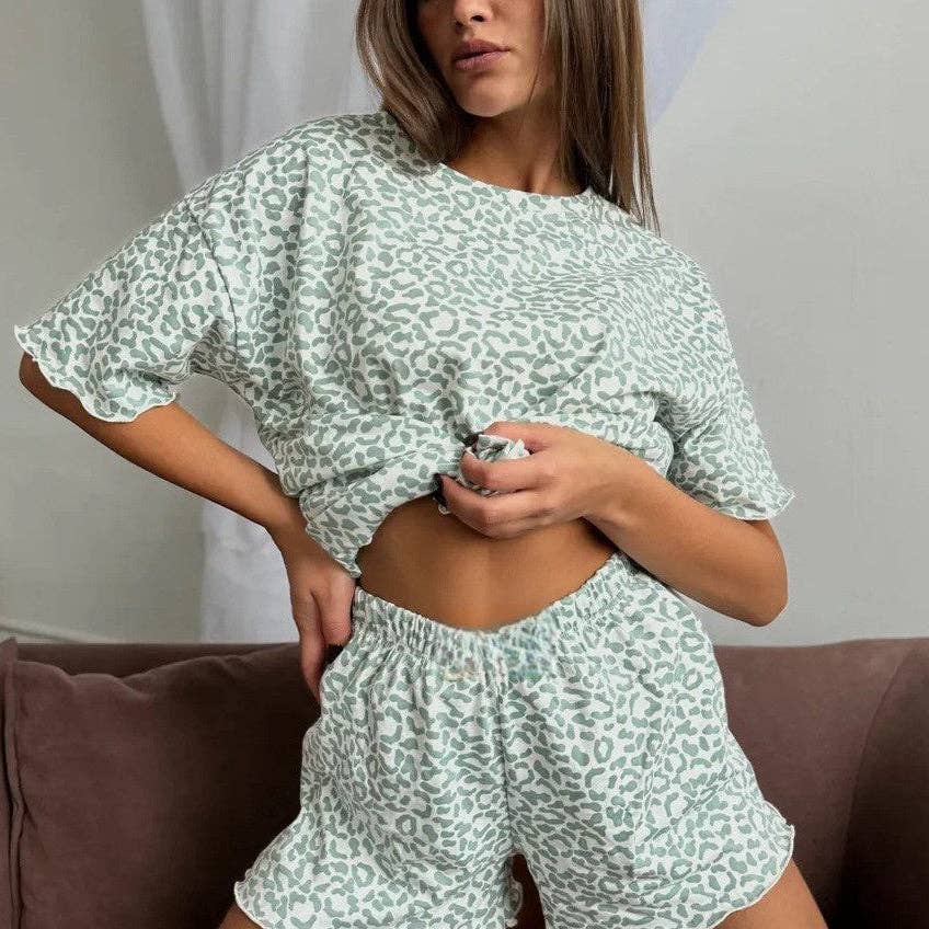 Leopard Print Pajama Set Ruffle Trim Shorts Loungewear: Gray Leopard Print / 95%Polyester+5%Elastane / S