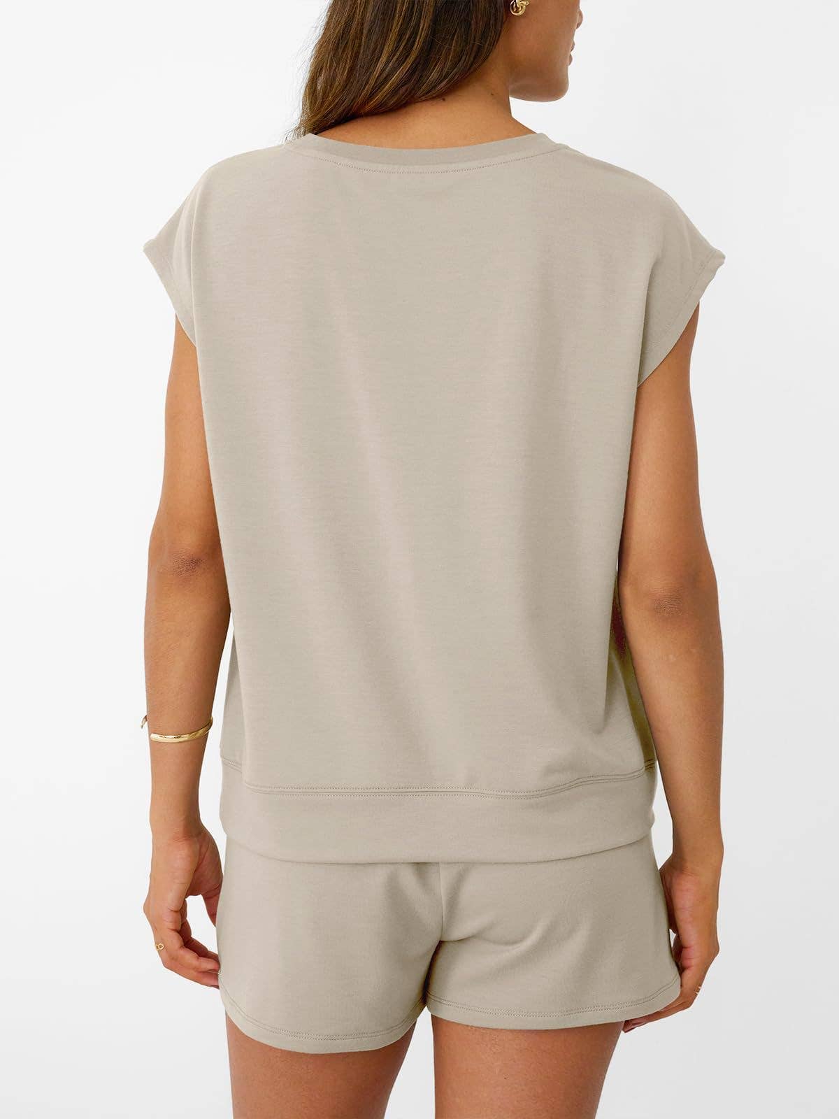 Casual Lounge Set Cap Sleeve Top Drawstring Shorts: Black / 65%Polyester+30%Viscose+5%Elastane / M